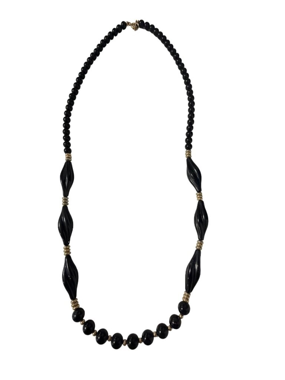 Vintage Black Bead Statement Necklace 22” Gold Tone Spacers Swirl Accent Beads